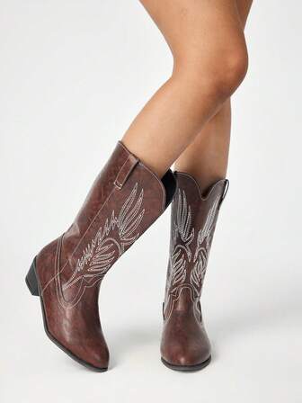 Kawaii Women's Pointed Toe Chunky Heel Embroidered Mid-Calf Cowboy Boots, Coffee Brown