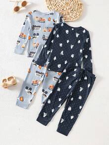 Baby Boys Pajama Set,Cute Navy Blue Polar Bear & Construction Truck Print Crew Neck Top And Pants,Autumn Lounge Snug Fit Four Season Outfit Sets - Multicolor - View 2