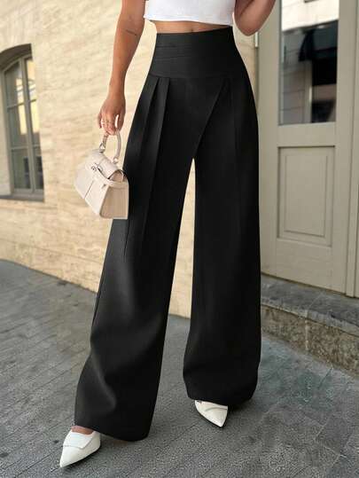 Firerie Women's New Simple Elegant Daily Casual Versatile Green Mid-Waist Loose Straight Leg Pants, Suitable For Summer, Office, Vacation,Black Pants,Black Pant