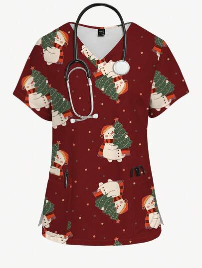 PopScrub Blusa de manga corta con cuello en V con estampado de muñeco de nieve abrazando un árbol de Navidad y lunares para mujer
