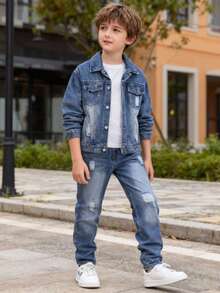 2pcs Tween Boys' Vintage Dark Blue Denim Jacket & Distressed Skinny Jeans Set, Soft & Comfortable Fit, Suitable For Casual Wear, School, And Commute