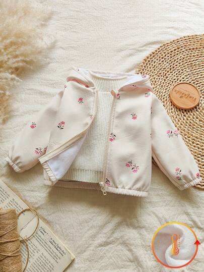 Vintaside Kids 1pc Baby Girls Floral Pattern Thermal Lined Hooded Jacket, Suitable For Autumn/Winter, Everyday Wear, New Arrival