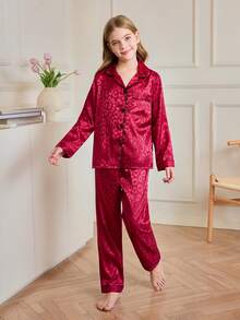 SHEIN 少女仿丝豹纹提花酒红色长袖睡衣套装 - 酒紅色 - 查看 2