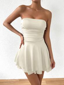 Allurite 米色性感露背褶皱连衣裙，女士生日装、外出装、约会装、夜店装、演唱会装、秋季服装、锐舞节装、派对必备、万圣节礼服 - 米色 - 查看 4