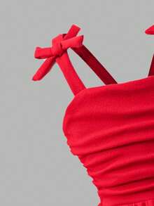 Sweetra Baby Girls' Fashion Elegant Solid Color 3D Bow Shoulder Ruched Strap Dress, Suitable For Outdoor Formal Occasions And Parties, Spring/Summer