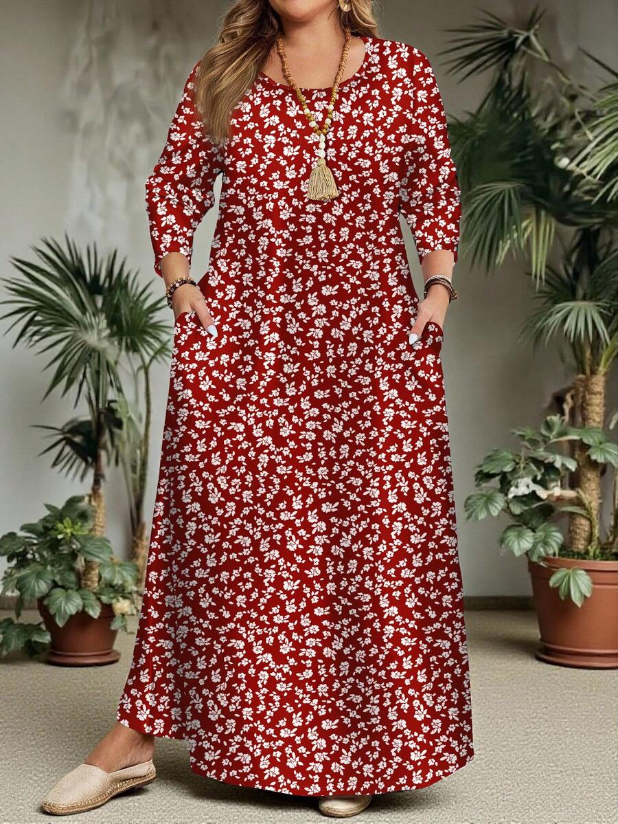 EMERY ROSE Gaun Kasual Merah Minimalis Motif Bunga Kecil Ukuran Besar Lengan Panjang Kerah Bulat, Cocok untuk Pesta Tahun Baru Musim Gugur/Musim Dingin - MultiWarna - View 1