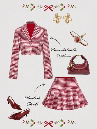 SHEIN MOD Vintage Red & White Houndstooth Jacket & Pleated Skirt Women's Suit Set,Fall / Winter,,Thanksgiving Outfit For Women,Christmas Women's Clothing,New Year Outfit,Plaid Pattern Flap Detail Overcoat,Jacket And Skirt Set, Business Casual Woman,Back To School Clothes,Office Outfits For Women,Vintage Clothes Women,Back To School Clothes,Fall Clothes For Women,Fall Dresses For Women,Old Money