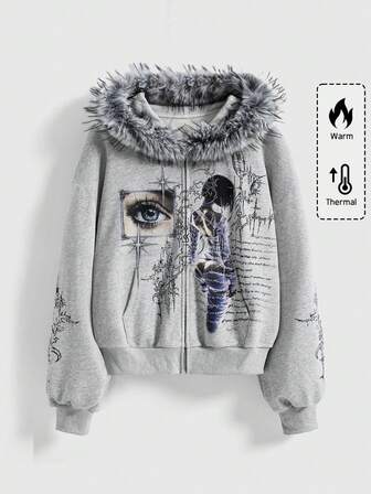 ROMWE Avant Y3K Subculture Avant-Garde Mechanical Maiden Thorn Print Slim Fit Hooded Sweatshirt For Women