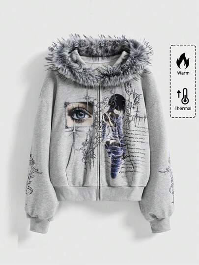 ROMWE Avant Y3K Subculture Avant-Garde Mechanical Maiden Thorn Print Slim Fit Hooded Sweatshirt For Women