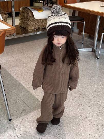 DAZY 2pcs Baby Girls' Solid Color Casual Long Sleeve Sweater And Pants Set, Autumn/Winter