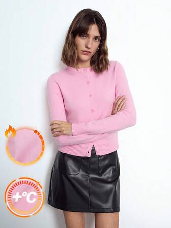 Maija 女士粉色舒适修身圆领露肩长袖针织开衫，四季皆宜，优雅休闲商务办公装扮，秋冬季都市时尚之选。