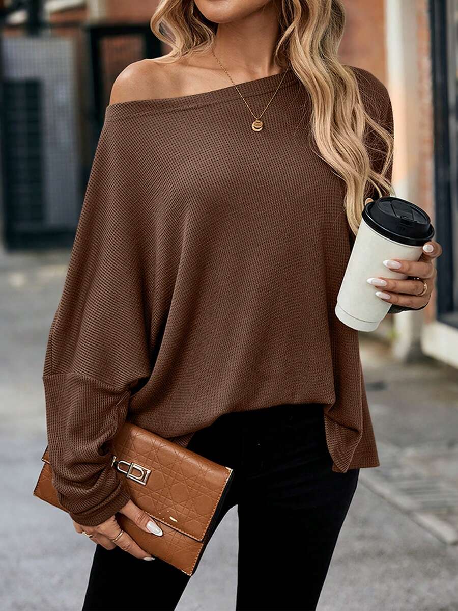 Louniche Camiseta Feminina Solta de Malha Waffle Ombro de Fora Manga Morcego, Verde, Outono