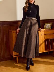 Vintamour 复古优雅女士高腰格子口袋A字中长裙，适合冬季穿着，也适合圣诞节、新年、感恩节等节日穿着。 - 棕色 - 查看 8