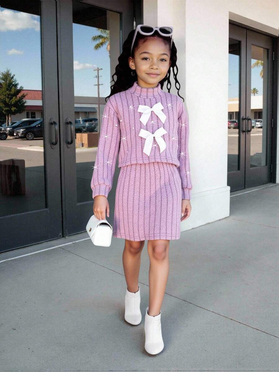 Young Girl' Brown Fuzzy Turtleneck Long Sleeve Top With Pearl Embellishments, Paired With Suspender Skirt Dress, Cute, Elegant And Versatile For Everyday Or Occasion Wear - Purple - View 1