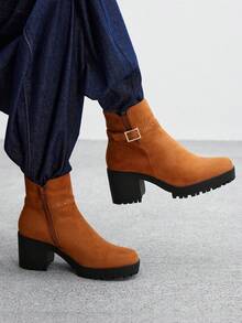 CUCCOO BIZCHIC Botas de tobillo de tacón alto grueso y versátiles de moda casual para mujer - Camel - Ver 3