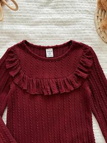 LMoss Kids 女童酒红色蕾丝边修身长袖T恤，适合秋冬季穿着 - 酒紅色 - 查看 4