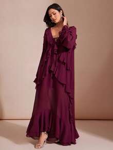 L'Amorae Abito lungo da donna in chiffon con maniche lunghe e volant, elegante e romantico, adatto per matrimoni, occasioni casual e vacanze autunnali - Viola - Visualizzare 5