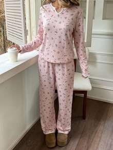 SHEIN 少女睡衣撞色包边缺口领口前系结家居服套装 - 粉色 - 查看 4