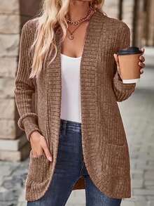 SHEIN LUNE Chaqueta ligera de mujer casual con bolsillos laterales, de punto acanalado y con forro suave, de apertura frontal - Caqui - Ver 6