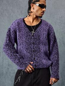 ROMWE MEN Street Life Cardigan Rajut Pria Lengan Panjang Bermotif Leopard, Kancing Tunggal, Musim Dingin - Purple - View 5