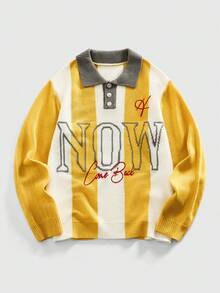 ROMWE MEN Áo len nam dài tay cổ tròn thêu họa tiết bóng đá, phong cách thể thao retro, kiểu dáng Preppy. - Màu vàng - Xem 1