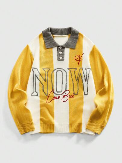 Men's Preppy Round Neck Embroidered Football Sporty Knit Sweater, Retro Streetwear