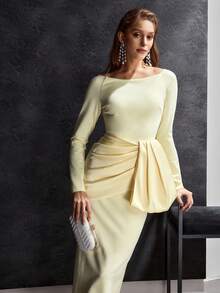 MOTF Soiréza 女士修身优雅廓形船领长袖舞会礼服 - 黃色 - 查看 7