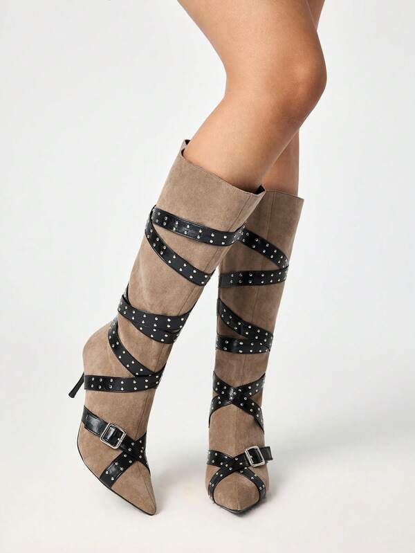 ROMWE Grunge Punk Botas de tacón de aguja con punta puntiaguda y tachuelas para mujer, color negro