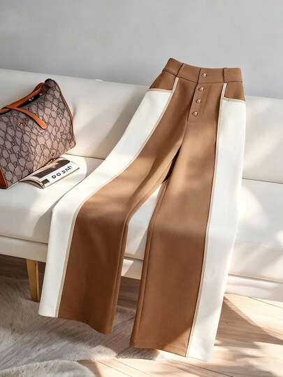 GlowEve Colorblock Button Decor Elegant Wide Leg Women Pants