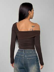 SHEIN PETITE Women's Casual Versatile White Solid Asymmetric Neck Ruched Long Sleeve Bodysuit - Brown - View 2