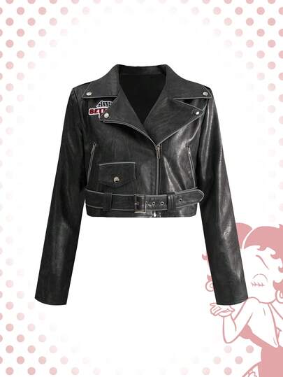 Betty Boop | ROMWE Women Y2K Moto Biker Betty Embroidered Contrast Trim PU Leather Jacket