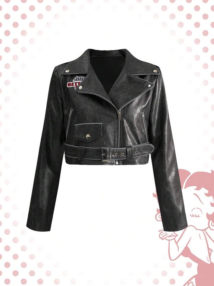 ROMWE Betty Boop ショート丈刺繍ライダースジャケット y2k Our Betty Boop | ROMWE Women Y2K Moto Biker Betty Embroidered