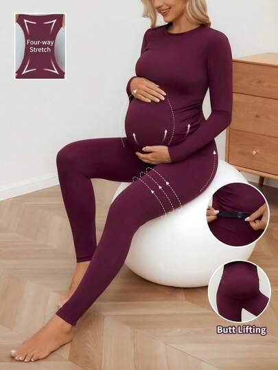 SHEIN 2pcs Maternity Activewear Set (Solid Color Long Sleeve Top And Leggings)