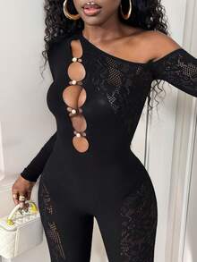 BamGleam Sexy Hollow Out Bodycon Asymmetric Neck Jumpsuit - Black - View 4
