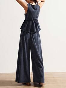 Bohemela 休闲V领宽松针织背心搭配松紧腰宽松舒适阔腿长裤，女士休闲水洗纯色针织V领宽松背心和中腰宽松阔腿长裤两件套，优雅女士套装，女士夏季套装，休闲女装，女士休闲套装 - 黑色 - 查看 6