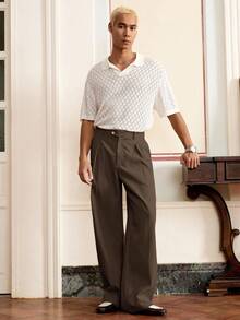 SWAVVY Men's Woven Casual Solid Color Elastic Waist Straight Leg Trousers, Loose & Comfortable, Daily Wear