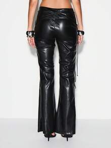 KIZN High Rise Leather Flare Pants With Lace Up Front And Braided Belt Details - Black - View 2