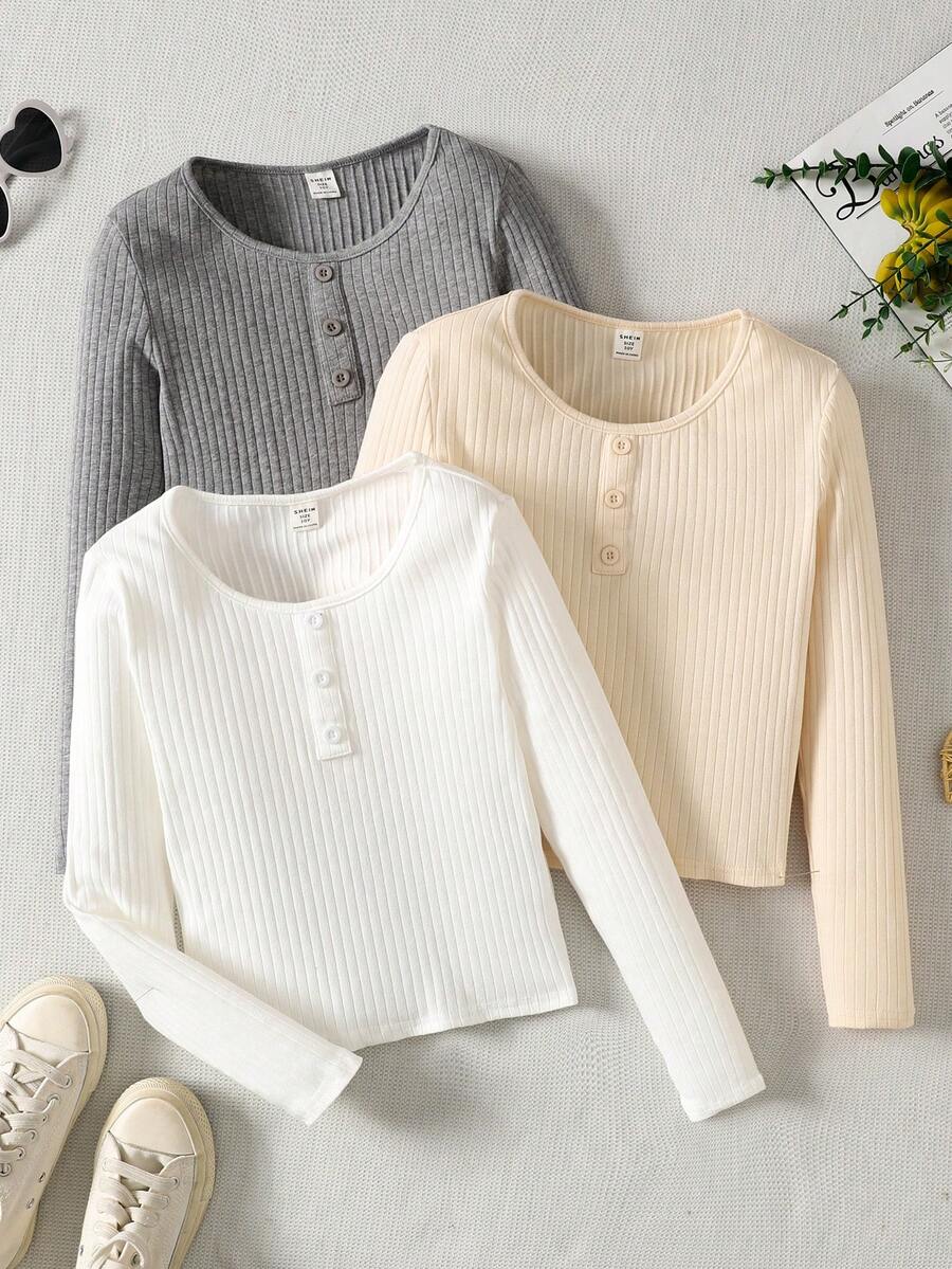 SHEIN Áo len dệt kim cổ tròn tay dài màu trơn dành cho bé gái tuổi mới lớn, nhiều màu, phong cách đường phố, nhiều gói - Nhiều màu - Xem 1