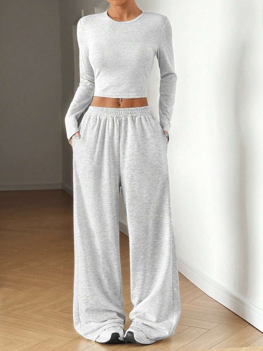 SHEIN EZwear Women's Solid Color Crew Neck Long Sleeve Bodycon T-Shirt And Sweatpants Set - Light Grey - View 1