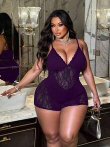 NU&NOW 大码时尚性感透视蕾丝拼接吊带连体衣 - 紫色 - 查看 6