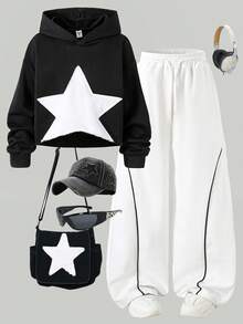 SHEIN Tween Girl Black And White Autumn/Winter Cropped Hooded Sweatshirt With Star&Wide-Leg Drawstring Pants,Cow Boy School Back-To-School Daily Outings Set - Black - View 9