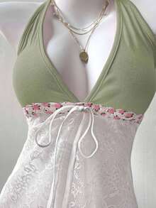 SHEIN Unity Women's Contrast Lace Spaghetti Strap Fitted Sexy Camisole Top With Bow Detail - Green - View 3