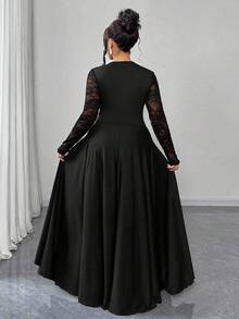 Maweii Váy đi làm ren bán trong suốt gợi cảm cổ chữ V sâu viền bất đối xứng viền bèo nhún cỡ lớn mùa xuân/thu dành cho nữ, màu đen - màu đen - Xem 2