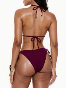 Oceva Solid Color Bikini Swimsuit Set - Halter Triangle Top & Cheeky Bottoms, For Beach Vacation For Summer - Burgundy - View 2