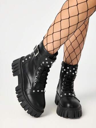 Grunge Punk Stivali da donna stile punk neri con lacci e suola spessa, stivali da motociclista alla moda per primavera/autunno, alla moda e alla moda