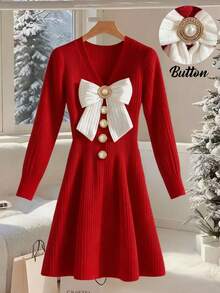 GlowEve Elegantes Damen Langkleid mit V-Ausschnitt, Schleife vorne und Metall-Perlen Dekor, Herbst/Winter - Rot-Weiß - Übersicht 1