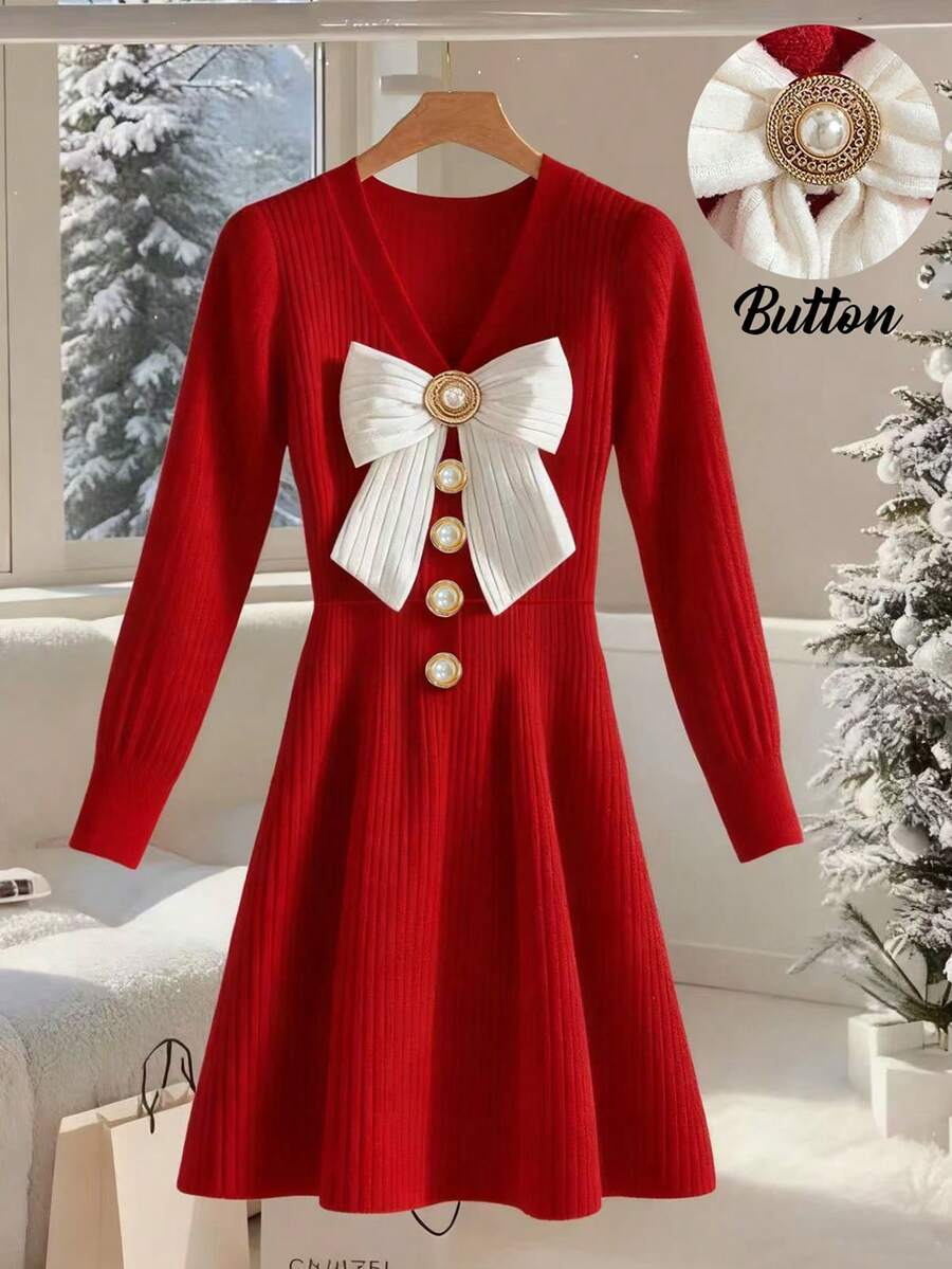 GlowEve Elegantes Damen Langkleid mit V-Ausschnitt, Schleife vorne und Metall-Perlen Dekor, Herbst/Winter - Rot-Weiß - Übersicht 1