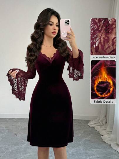 Modelyn Damska sukienka z koronki patchworkowej na jesień/zimę z aksamitu, dekoltem w serek, falbaniastymi rękawami i dopasowaną modą