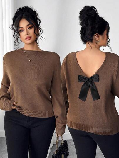 Elenzga Suéter de manga larga con cuello en V y lazo, color marrón, para mujer de talla grande, otoño/invierno