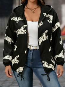 EMERY ROSE Plus Size Women Leopard Print Long Sleeve Zip Front Casual Hooded Jacket - Multicolor - View 4